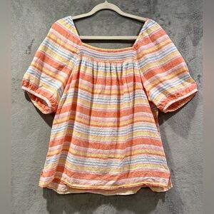 Talbots Plus Size 1X Linen Stripe Puff Sleeve Square Smocked Neck Peasant Blouse